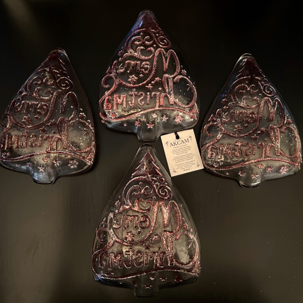 New Artisan Glass Christmas Tree Snack Trays Handcrafted Red/Gold Set Of 4 - Picture 4 of 7
